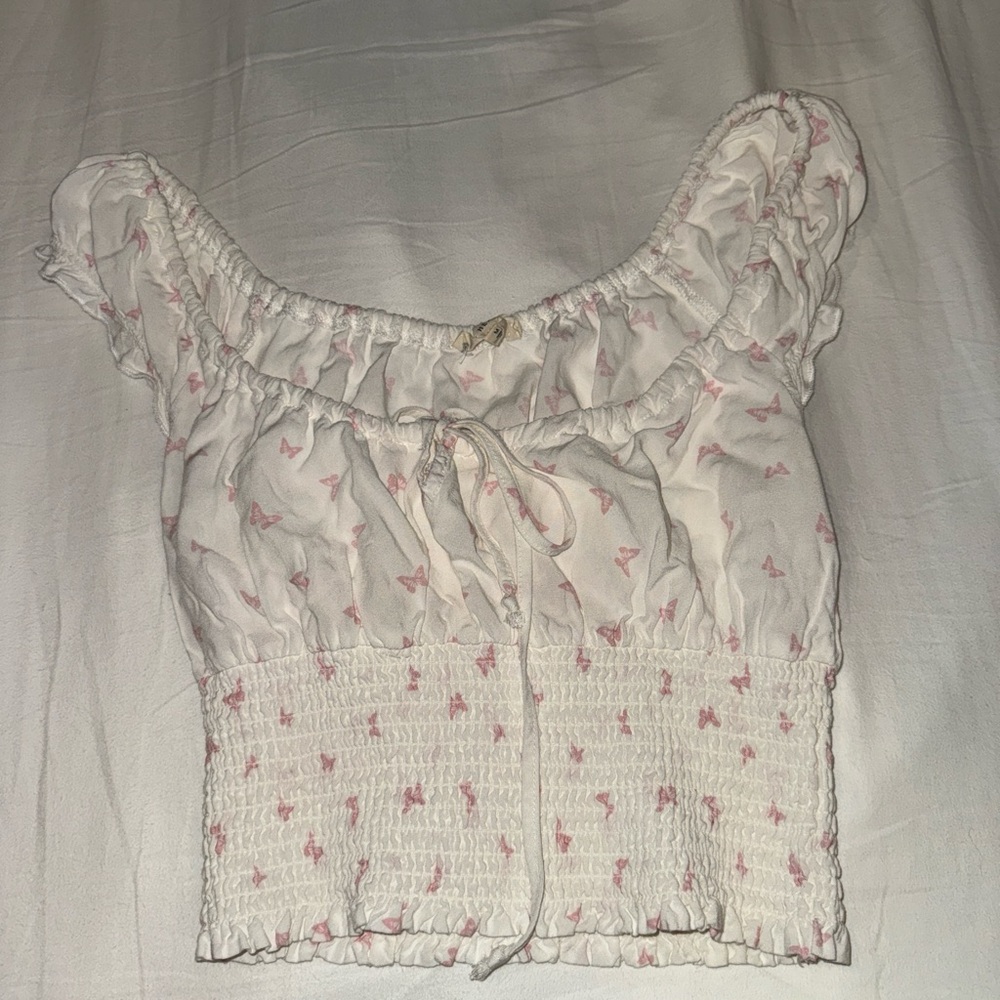 PacSun White and Pink Ruched Crop Butterfly Print Blouse